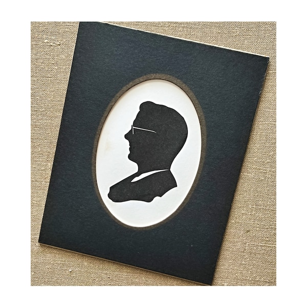 Oval Matted Paper Cut Silhouette Man in Glasses, Original Silhouette of Man, Cut Paper Silhouette in 8x10 Oval Mat, Paper Profile Portrait