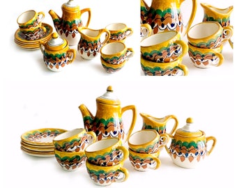 Vintage Miniature Stoneware Tea Set, Folk Stoneware Tea Set, Hand Painted Stoneware Pottery Tea Set, 16pc Childs Tea Set,