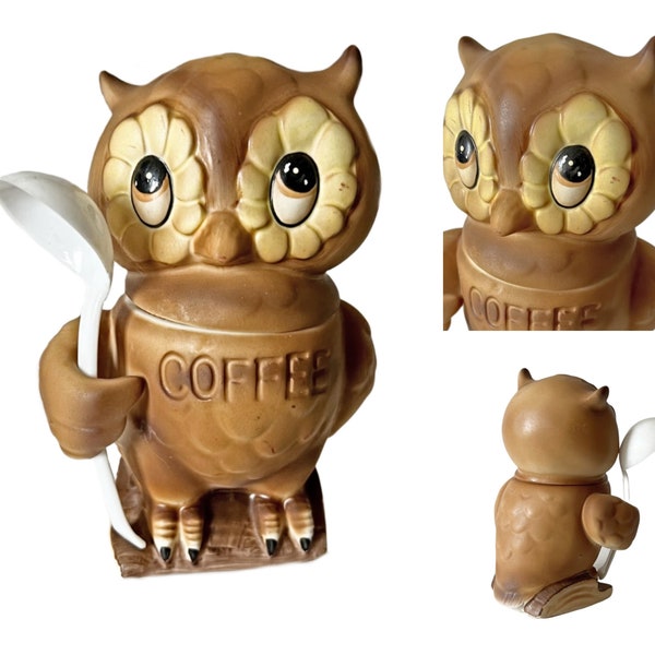 Owl Coffee Canister, Ceramic Owl with Spoon Coffee Storage Container, Japan Big Eyed Ceramic Owl Coffee Storage Canister, Owl Kitchen