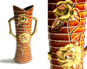 GORGEOUS Enesco Vase Vintage Gold Roses, Vintage Enesco Vase, Brown Gold Tiered Ceramic Vase, Mid Century Vase, Golden Rose Handled Vase