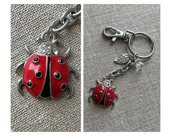 Ladybug Keychain, Silver Tone Enamel and Rhinestone Ladybug Key RIng, Enamel Lady Bug with Rhinestones and Crystal, Ladybug Backpack Charm