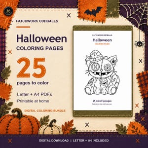 Op de afbeelding: Een digitaal Halloween kleurboekpakket genaamd Patchwork Oddballs met 25 kleurplaten. Het ontwerp bevat een zwart-wit lijntekening van een gestikt kattenfiguur, pompoenen en vleermuizen op een getextureerde achtergrond.