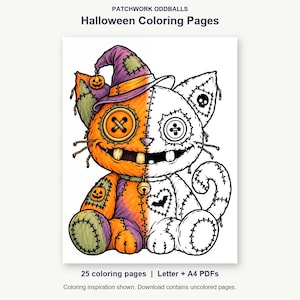 May include: Patchwork Oddballs Halloween Coloring Pages featuring a split-design cat illustration. One half is colored in orange and purple with button eyes, while the other half is a black and white line drawing. Includes 25 coloring pages.
