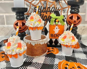 faux Halloween mini candy corn bucket, Halloween decor, tiered tray decor, kitchen decor, birthday/Christmas gift, candy corn decor