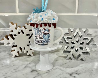 Winter/Christmas faux mini mug drink, faux hot cocoa, Christmas decor, tiered tray, fake hot chocolate, winter decor, Christmas/b-day gifts