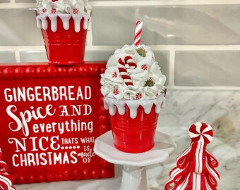 Christmas faux hot cocoa bucket, fake hot chocolate, Christmas decor, hot cocoa bar, tiered tray decor