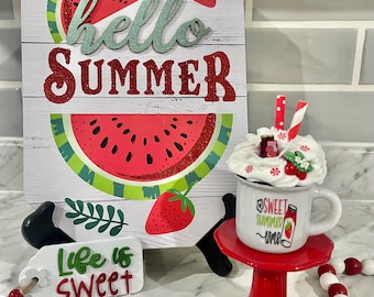 Faux strawberry mug drink, tiered tray decor, fake strawberry mini mug drink, spring/summer decor, kitchen decor
