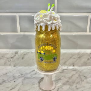 Faux lemon mason jar drink, lemon tiered tray decor,  lemon kitchen decor, spring decor, summer decor, hello spring, faux drinks, birthday