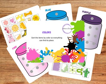 May include: A printable educational activity for kids to learn colors. The activity includes four cards with jars and paint splatters, and a separate card with a grid of images to sort by color. The text on the card reads "Colors: Sort the items by color so everything can find its place."