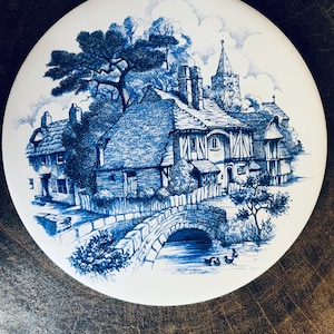 Vintage H & R Johnson Blue Transferware Pot Stand, English Village Scene Trivet