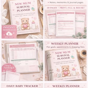 Könnte beinhalten: Ein druckbarer New Mum Survival Planner mit Teddybär-Illustration, zur Verfolgung von Fütterung, Schlaf und Selbstpflege. Enthält tägliche und wöchentliche Tracker, Baby-Meilensteine und Journalseiten. Sofortiger Download, PDF-Datei.