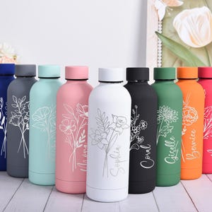 Personalized Birth Flower Water Bottle,Custom Engraved Water Bottle,Birth Month Flower Insulated Tumbler,Stainless Steel Tumbler With Name