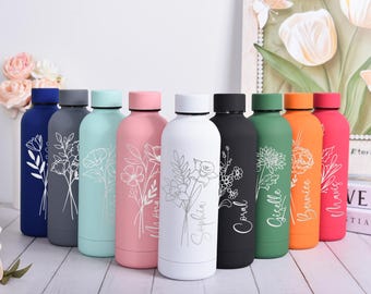 Gourde personnalisée fleur de naissance, Gobelet gravé personnalisé, Gobelet isotherme fleur pour le mois de naissance, Gobelet en acier inoxydable avec nom