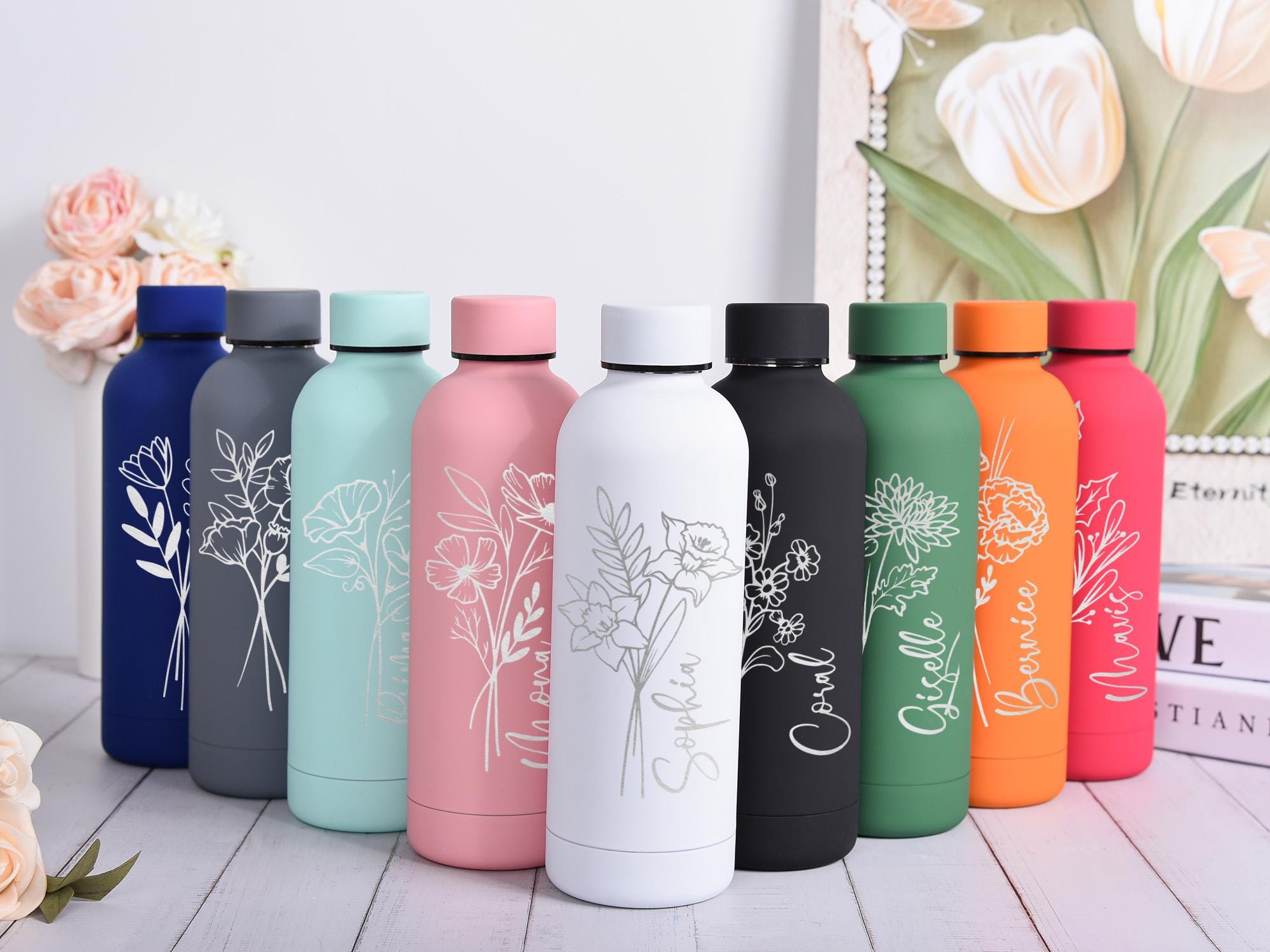 Borraccia Personalizzata Con Nome E Fiori &ndash; 600ml &ndash; Acciaio Inox &ndash; Regalo Amici E Famiglia