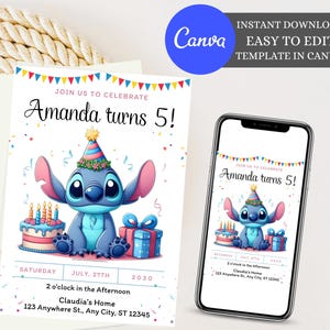 Modèle d'invitation d'anniversaire Stitch modifiable, invitation d'anniversaire de dessin animé, invitation de fête d'anniversaire Stitch à la piscine, invitation d'anniversaire Stitch