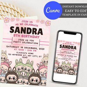 Convite de aniversário Labubu, modelo editável Canva, download de convite Labubu, todos os números incluídos, aniversário de monstro moderno em PDF e JPEG