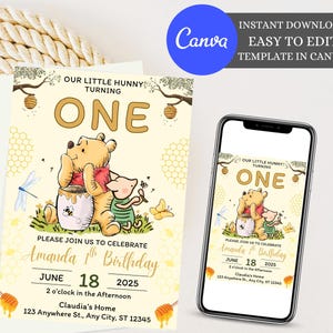 Winnie the Pooh invitation, printable editable boy girl birthday invite, electronic invitation, Teddy Bear invite template, Winnie invite