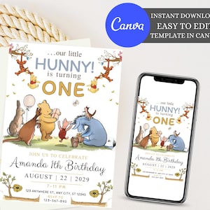 Winnie the Pooh Geburtstagseinladung, Klassische Winnie the Pooh Einladung, Winnie the Pooh Einladung zum ersten Geburtstag, Vintage Winnie Pooh Geburtstag