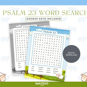 May include: Two Psalm 23 word search puzzles with answer keys included. The puzzles are in a blue and white design with a sheep graphic. The words are in a grid format. The text "DIGITAL DOWNLOAD" is also included.