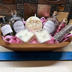 Witch Gift, altar, altar gift set, wood altar bowl, witch salts, spell oils, charged candles, Wicca gift, pagan gift, witchcraft, free ship