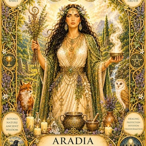 May include: A detailed illustration of Aradia, Great Mother of Stregheria, wearing a white gown and green cloak, holding a lavender staff and smoking bowl. Surrounded by a fox, owl, raven, candles, crystals, and text including Moon, Earth, Spirit.