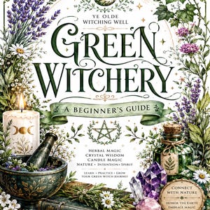May include: A book titled Ye Olde Witching Well Green Witchery A Beginner's Guide featuring illustrations of lavender, a lit candle with a triple moon symbol, a mortar and pestle, a vintage book, purple crystals, and a green glass bottle with a cork.