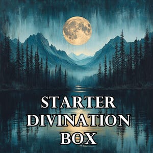 May include: A blue and white image of a moonlit lake and mountains with the text "STARTER DIVINATION BOX" in white.