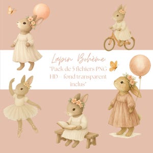 Lapins Bohèmes  Illustrations Digitales PNG, Téléchargement Instantané,Danseuse, Lecture, Vélo, Ballon, Papillon