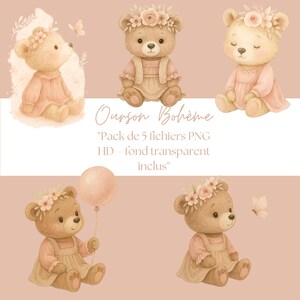 clipart Oursons aquarelles bohème,style bohème, illustration