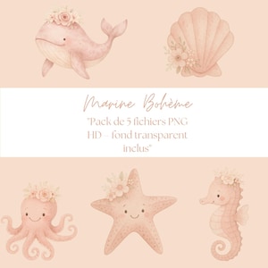 Illustrations bohème aquarelles, clipart animaux marin pastel chambre d'enfant