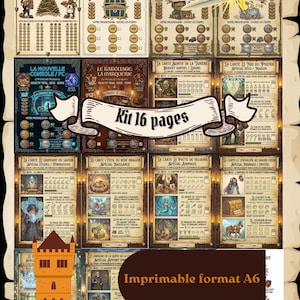 Op de afbeelding: Een set van 16 afdrukbare spelkaarten met fantasiethema's. De kaarten bevatten illustraties, tekst en een verscheidenheid aan kleuren, waaronder bruin, goud en blauw. De tekst bevat zinnen als "Kit 16 pagina's" en "Imprimable format A6".