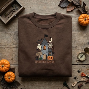 May include: A dark brown sweatshirt featuring an embroidered graphic of a grey haunted tower with a crescent moon, a white ghost, a spider web, bats, a black cat, and a jack-o'-lantern. The text HAUNTED TOWER is embroidered below the tower.