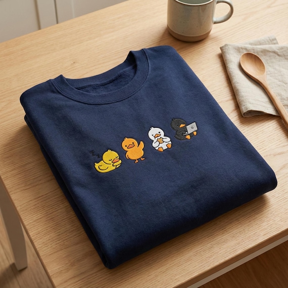 Rubber Duck Routine Embroidered Sweatshirt, Duck Lover Gift, Tech Duck Pullover, Snack Duck Shirt, Cute Farm Animal Aesthetic Apparel