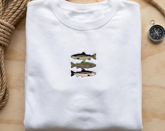 Embroidered Fly Fishing Trout Sweatshirt, Trio Fish Species Hoodie, Fisherman Crewneck, Rainbow Trout Art Pullover, Outdoorsman Gift