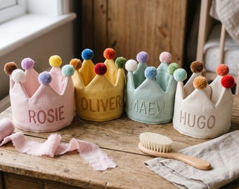 Vintage Style Custom Embroidered Linen Crown, Personalized Name Birthday Hat for Kids, Cute Boho Party Crown, Toddler Keepsake Gift