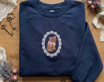 Embroidered Portrait Cat Sweatshirt, Coquette Lace Frame Hoodie, Grandmacore Kitten Crewneck, Aesthetic Ribbon Cat Lover Gift