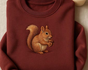Cute Embroidered Squirrel Sweatshirt, Woodland Animal Tee, Autumn Fall Sweater, Nature Lover Gift, Unique Hand Drawn Art