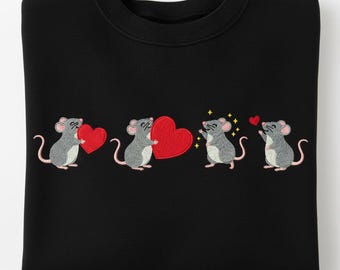 Cute Embroidered Mice with Hearts Sweatshirt, Funny Rat Lover Crewneck, Valentine's Day Animal Gift, Rodent Pet Owner Apparel