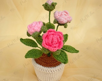 Crochet Rose Flower Pot – Handmade Yarn Rose | Romantic Home & Desk Decor | Mother’s Day  Christmas Gift