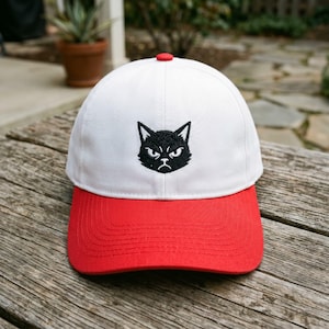Grumpy Black Cat Embroidered Hat, Angry Kitty Baseball Cap, Sassy Pet Two Tone Cap, Mad Cat Lover Gift, Funny Animal Apparel, Mood Hat