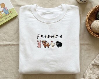 Embroidered Farm Friends Sweatshirt, Cute Animal Hoodie, Bunny Cow Chicken Sheep Shirt, Country Life Gift, Custom Embroidery Crewneck