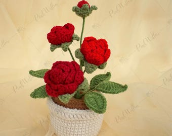Crochet Rose Flower Pot – Handmade Yarn Rose | Romantic Home & Desk Decor | Mother’s Day  Christmas Gift