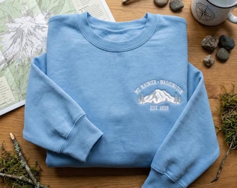 Embroidered Mt Rainier Washington Sweatshirt, National Park Hoodie, Hiking Souvenir Crewneck, Nature Lover Gift, Mountain Est 1899