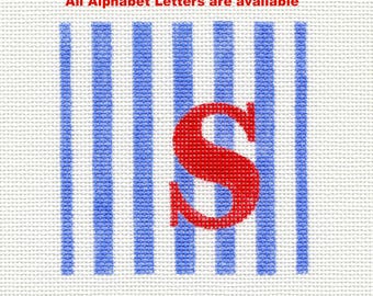 Red Alphabet Letter Blue Stripes Handpainted Needlepoint Square Canvas ALL Letters available - Jody Designs A1ASsq