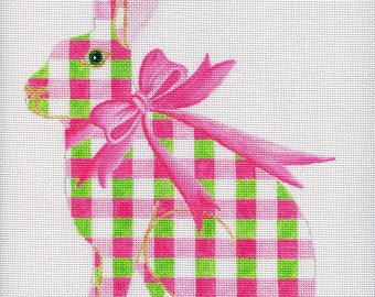 Tall Hare Rabbit - Pink and Green Buffalo Check Needlepoint Hand Painted- Jody Designs