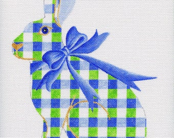 Tall Hare Rabbit - Blue and Green Buffalo Check Needlepoint Hand Painted- Jody Designs