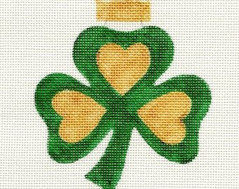 Shamrock with 3 Gold Hearts Hand Painted Needlepoint Ornament Canvas - Jody Designs B237