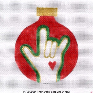 Hand, I love you sign / red Also has tied fiber around finger Needlepoint Ornament Jody Designs B42C image 1