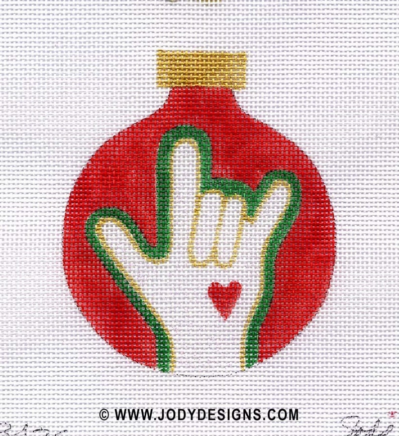 Hand, I love you sign / red Also has tied fiber around finger Needlepoint Ornament Jody Designs B42C image 1