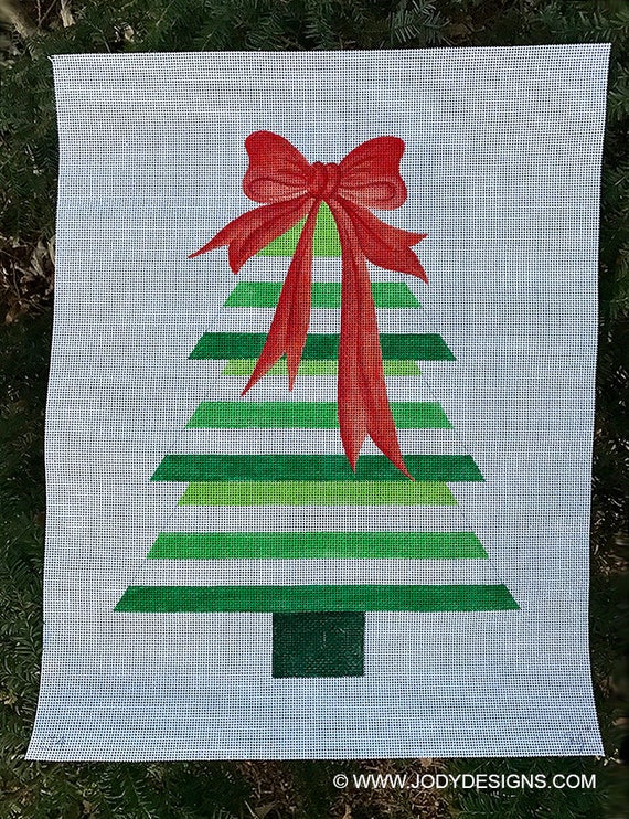 Wintergreen Stripe Large Hand Painted Christmas Tree With Red Bow  Needlepoint Jody Designs LT4 -  Hong Kong